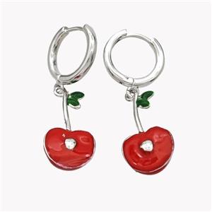 Copper Cherry Hoop Earrings Red Enamel Platinum Plated, approx 10-20mm, 14mm dia