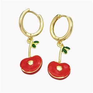 Copper Cherry Hoop Earrings Red Enamel Gold Plated, approx 10-20mm, 14mm dia