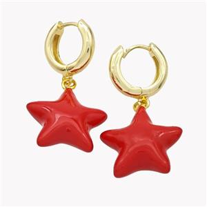 Copper Star Hoop Earrings Red Enamel Gold Plated, approx 20mm, 15mm dia