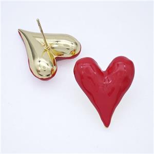 Copper Heart Stud Earrings Red Enamel Gold Plated, approx 20-25mm