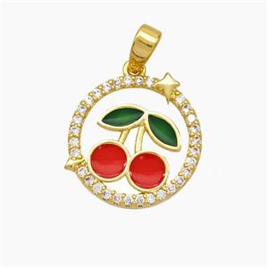 Copper Cherry Pendant Pave Zirconia Red Green Enamel Gold Plated, approx 16mm