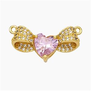 Copper Bow Heart Pendant Pave Pink Crystal Glass Zirconia 2loops Gold Plated, approx 11-22mm