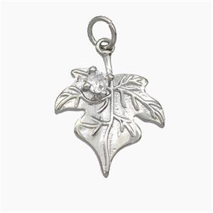 Copper Maple Leaf Pendant Pave Zirconia Platinum Plated, approx 15-18mm