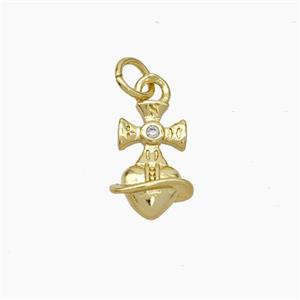 Copper Cross Heart Pendant Pave Zirconia Gold Plated, approx 8-13mm