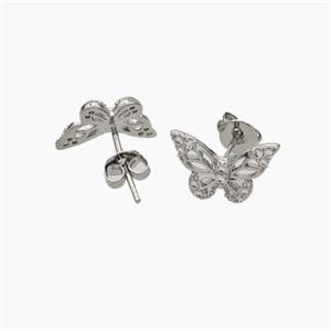 Copper Butterfly Stud Earrings Pave Zirconia Platinum Plated, approx 8-12mm