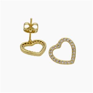 Copper Heart Stud Earrings Pave Zirconia Gold Plated, approx 11mm