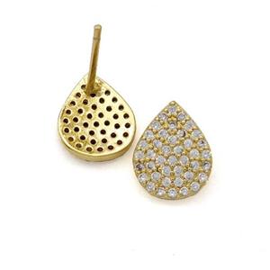 Copper Teardrop Stud Earrings Pave Zirconia Gold Plated, approx 8-10mm