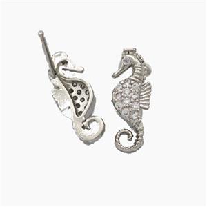 Copper Seahorse Stud Earrings Pave Zirconia Platinum Plated, approx 5.5-14mm