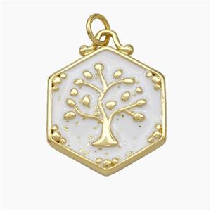 Copper Tree Pendant White Enamel Hexagon Gold Plated, approx 20mm