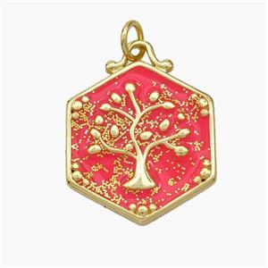 Copper Tree Pendant Red Enamel Hexagon Gold Plated, approx 20mm