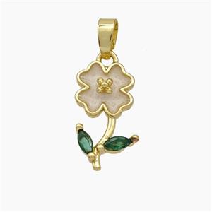 Copper Flower Pendant Pave Zirconia White Enamel Gold Plated, approx 9-16mm