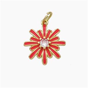 Copper Flower Pendant Pave Zirconia Red Enamel Gold Plated, approx 15mm