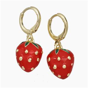 Copper Strawberry Hoop Earrings Red Enamel Gold Plated, approx 12-13mm, 12mm dia