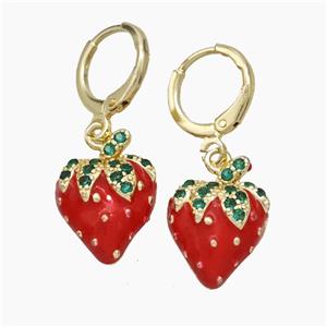 Copper Strawberry Hoop Earrings Pave Zirconia Red Enamel Gold Plated, approx 12-16mm, 12mm dia