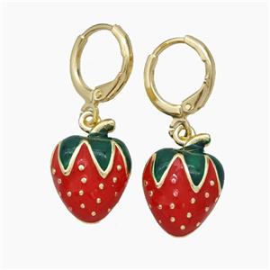 Copper Strawberry Hoop Earrings Red Enamel Gold Plated, approx 12-16mm, 12mm dia