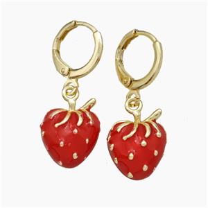 Copper Strawberry Hoop Earrings Red Enamel Gold Plated, approx 11-13mm, 12mm dia