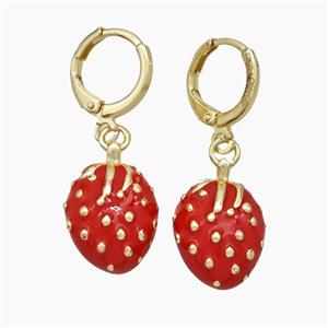 Copper Strawberry Hoop Earrings Red Enamel Gold Plated, approx 11-16mm, 12mm dia