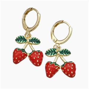 Copper Strawberry Hoop Earrings Red Enamel Gold Plated, approx 15mm, 12mm dia