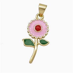 Copper Flower Pendant Pink Green Enamel Gold Plated, approx 12-20mm