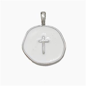 Copper Circle Cross Pendant White Enamel Platinum Plated, approx 15mm