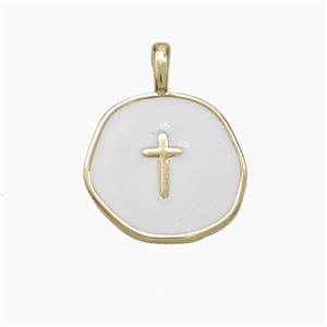 Copper Circle Cross Pendant White Enamel Gold Plated, approx 15mm