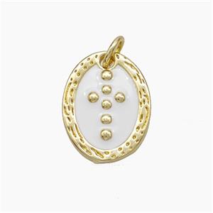 Copper Oval Pendant Cross White Enamel Gold Plated, approx 12-15mm