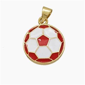 Copper Football Pendant White Red Enamel Sports Flat Gold Plated, approx 15mm