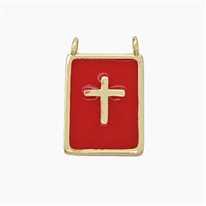 Copper Cross Rectangle Pendant Red Enamel Gold Plated, approx 12-15mm