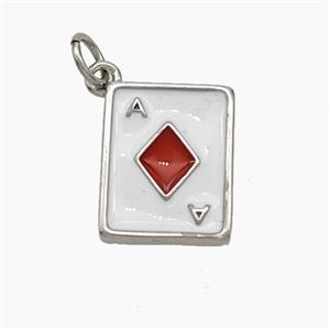 ACE of Diamonds Playing Card Copper Pendant White Red Enamel Platinum Plated, approx 11-13mm