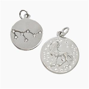 Copper Circle Pendant Pave Zirconia Zodiac Leo Platinum Plated, approx 15mm