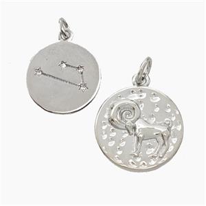 Copper Circle Pendant Pave Zirconia Zodiac Capricorn Platinum Plated, approx 15mm