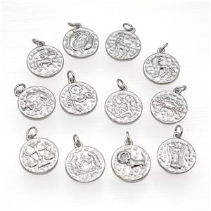 Copper Circle Pendant Pave Zirconia Zodiac Platinum Plated Mixed, approx 15mm