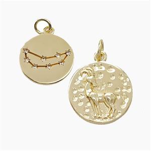 Copper Circle Pendant Pave Zirconia Zodiac Aries Gold Plated, approx 15mm