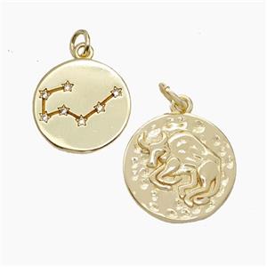 Copper Circle Pendant Pave Zirconia Zodiac Taurus Gold Plated, approx 15mm