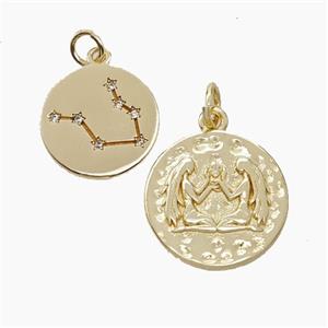 Copper Circle Pendant Pave Zirconia Zodiac Gemini Gold Plated, approx 15mm