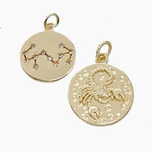 Copper Circle Pendant Pave Zirconia Zodiac Scorpio Gold Plated, approx 15mm