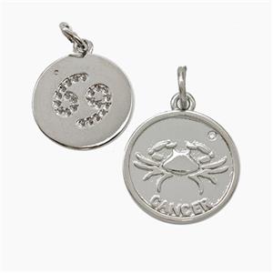 Zodiac Cancer Copper Circle Pendant Pave Zirconia Platinum Plated, approx 16mm