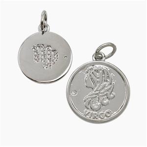 Zodiac Virgo Copper Circle Pendant Pave Zirconia Platinum Plated, approx 16mm