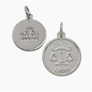 Zodiac Libra Copper Circle Pendant Pave Zirconia Platinum Plated, approx 16mm