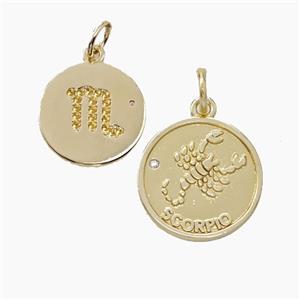 Zodiac Scorpio Copper Circle Pendant Pave Zirconia Gold Plated, approx 16mm