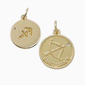 Zodiac Sagittarius Copper Circle Pendant Pave Zirconia Gold Plated, approx 16mm