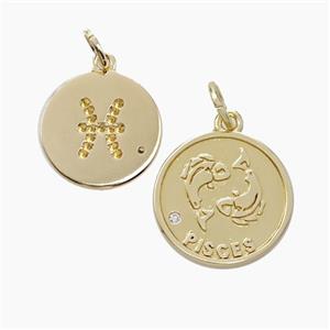 Zodiac Pisces Copper Circle Pendant Pave Zirconia Gold Plated, approx 16mm