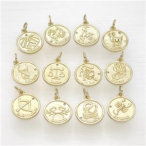 Copper Zodiac Circle Pendant Pave Zirconia Gold Plated Mixed, approx 16mm