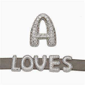 Copper Watchband Beads Pave Zirconia Letter-A Flat Hole Platinum Plated, approx 10-14mm, 2-10mm hole