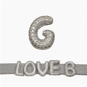 Copper Watchband Beads Pave Zirconia Letter-G Flat Hole Platinum Plated, approx 10-14mm, 2-10mm hole