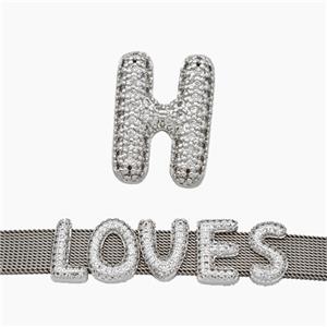 Copper Watchband Beads Pave Zirconia Letter-H Flat Hole Platinum Plated, approx 10-14mm, 2-10mm hole