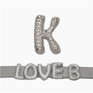 Copper Watchband Beads Pave Zirconia Letter-K Flat Hole Platinum Plated, approx 10-14mm, 2-10mm hole