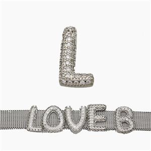 Copper Watchband Beads Pave Zirconia Letter-L Flat Hole Platinum Plated, approx 10-14mm, 2-10mm hole