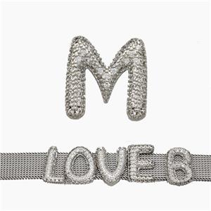 Copper Watchband Beads Pave Zirconia Letter-M Flat Hole Platinum Plated, approx 10-14mm, 2-10mm hole