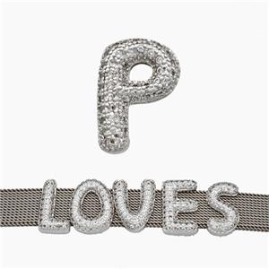 Copper Watchband Beads Pave Zirconia Letter-P Flat Hole Platinum Plated, approx 10-14mm, 2-10mm hole